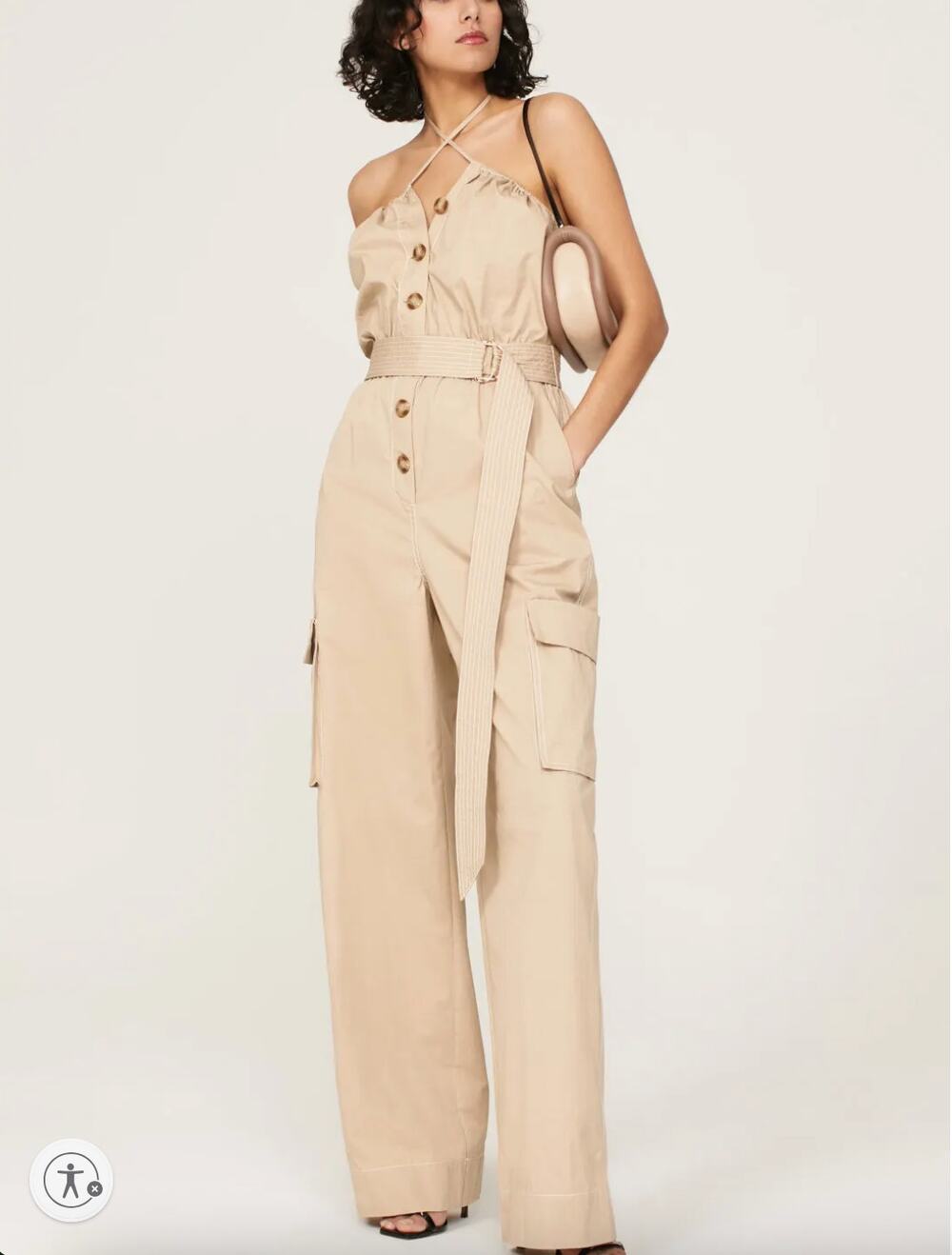 Halston Khaki Brown Cargo Jumpsuit SIZE 6 Streetwear Halter Baggy Designer $600